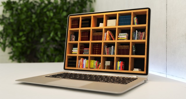 laptop with bookshelves inside